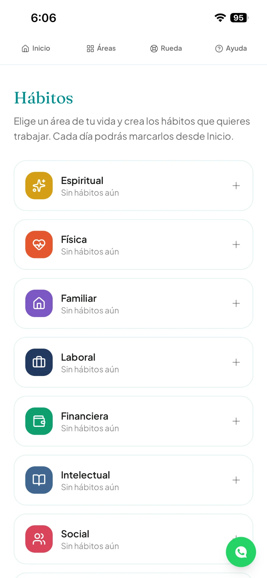 Pantalla de Hábitos de ISMI con las ocho áreas de vida