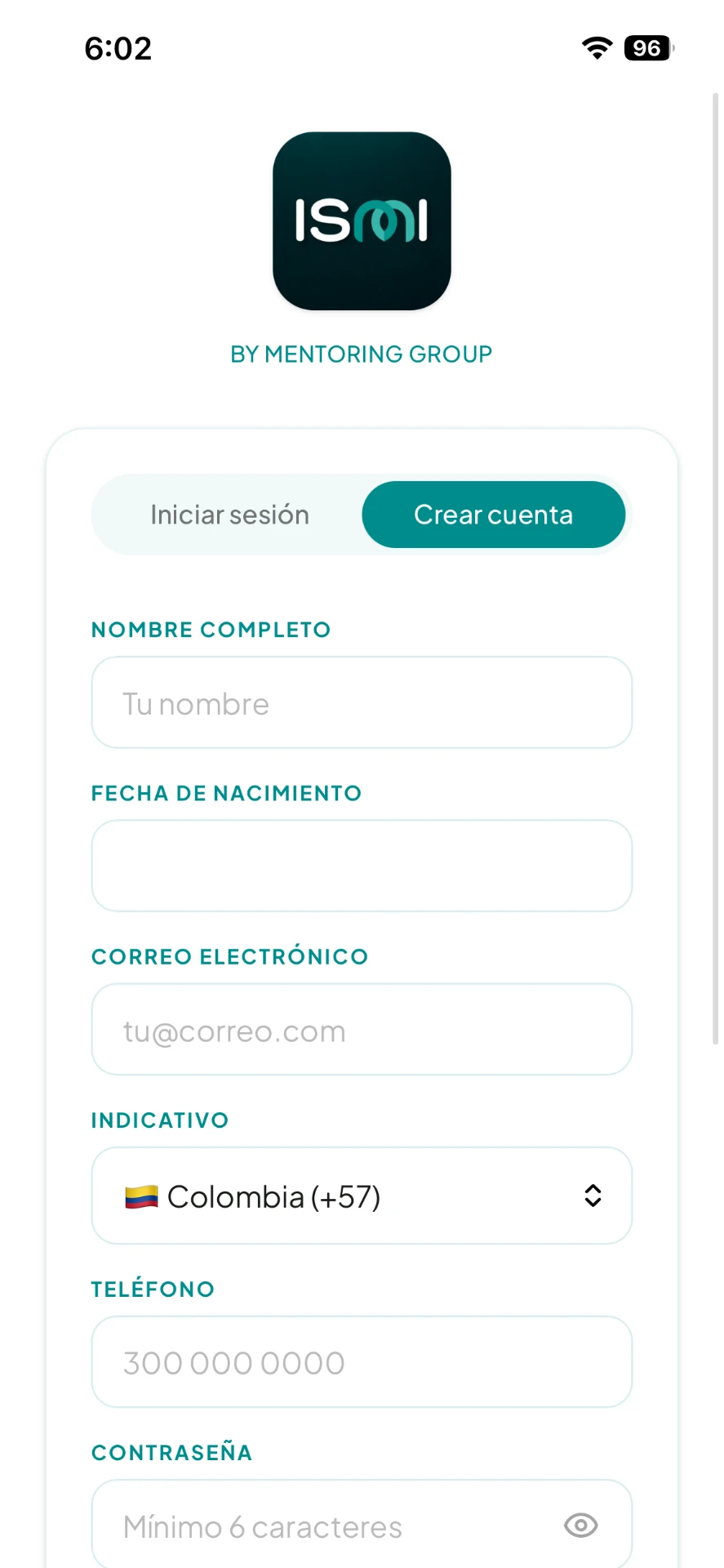 Pantalla de registro de ISMI con el logo y el formulario para crear cuenta